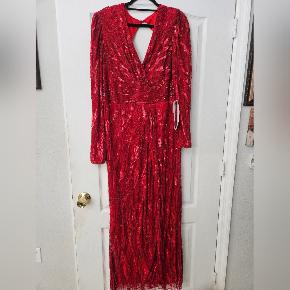 Mac DuggalEmbellished Faux Wrap Open Back Gown Red Sz 18 NWT - Picture 3 of 16